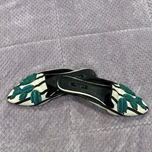 37 Whim Black and Teal Embroidered Flats, leather lined upper and leather soles